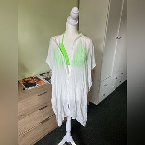 White Sheer Button Down Shirt Mini Dress Short-Sleeve Loose Fitting Cover-Up Swi